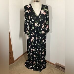 NEW Women's L Maxi Dress Sleeves Flowy Boho Rayon Black Pink Floral